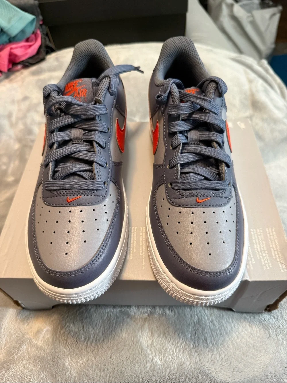 Nike Kids Air Force One Gray Sneakers with Red Swoosh
